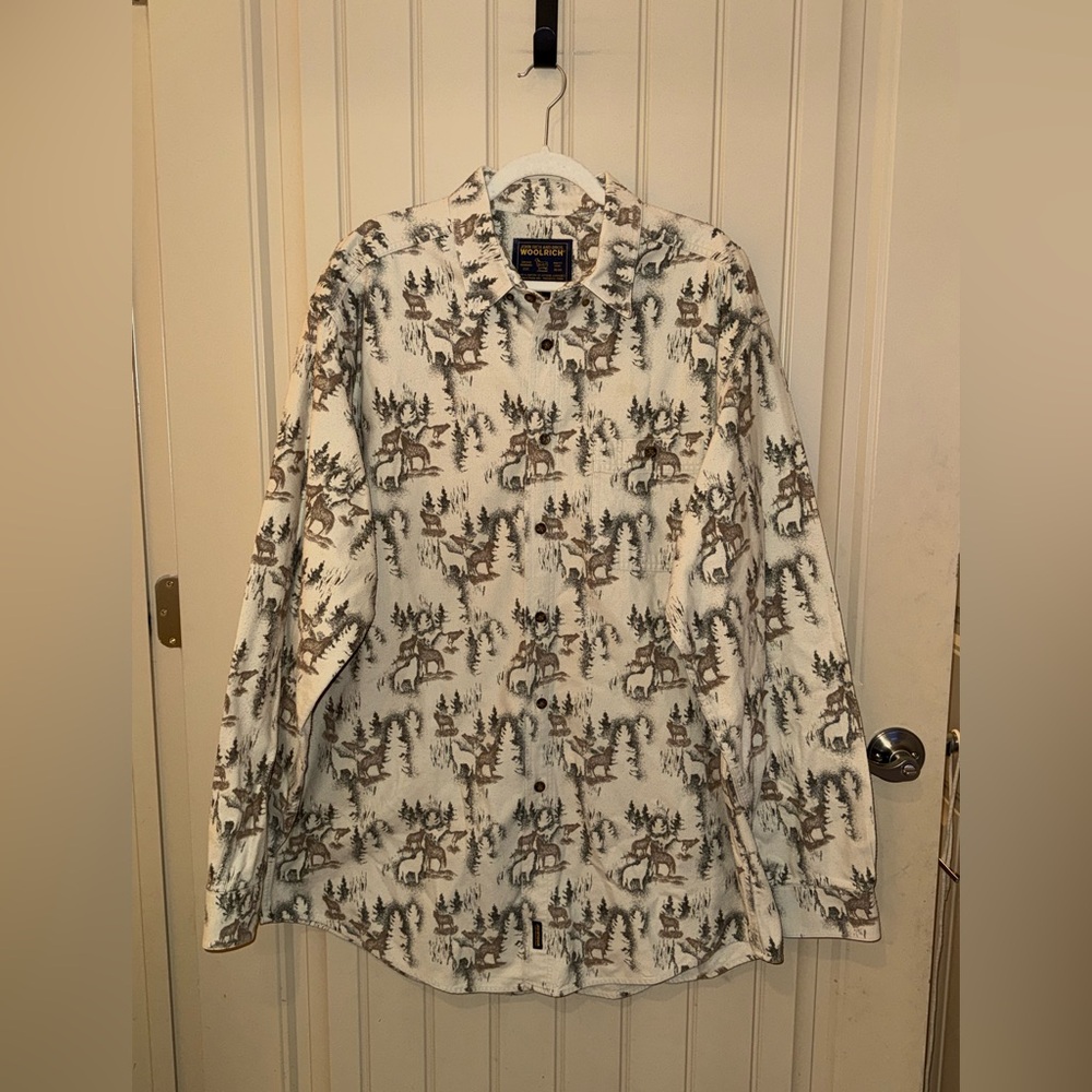 Woolrich Wolf Print Heavy Cream Green Brown Long Sleeve Button Down Shirt XXL